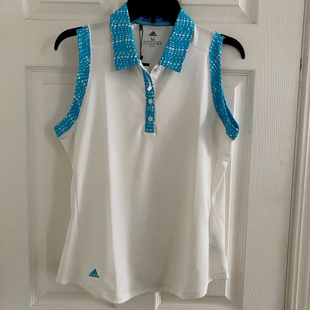 Adidas Sleeveless Polo, White with Blue Collar Detailing. M. NWT